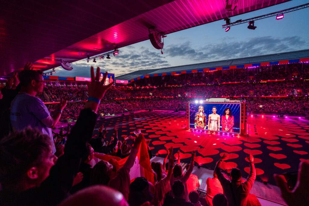 Eurovision Şarkı Yarışması 2025 için Basel'de hazırlanan Arena Plus alanından bir görünüm. Görsel: Mood Studios AG, Kanton Basel-Stadt