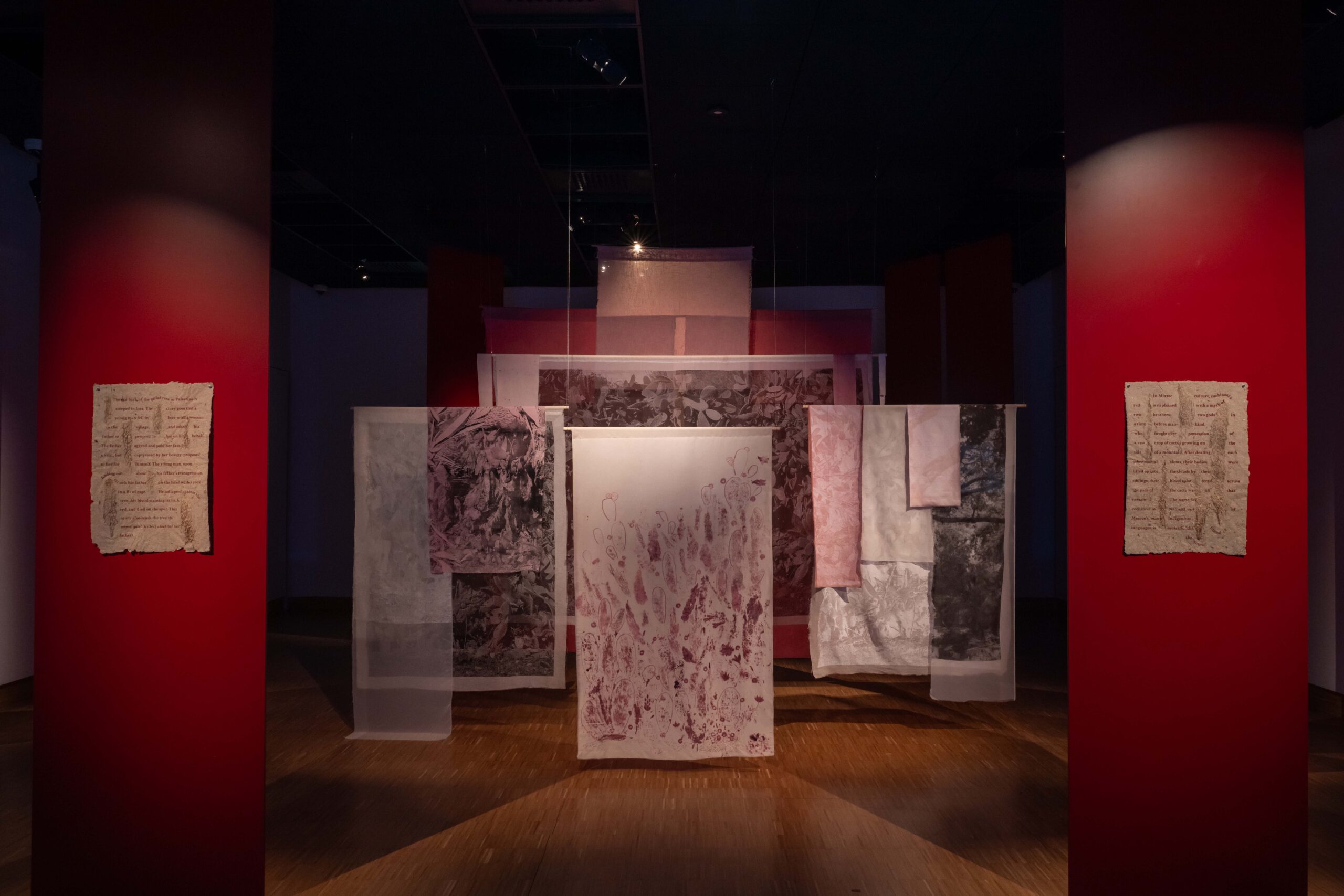Al-Wah’at Collective, Blood of the Cactus, Blood of the Tree / Kaktüsün Kanı, Ağacın Kanı (2025); Processional Flags / Geçit Bayrakları (2025); A Hedge of Sabr and Qatlab / Kaktüs ve Hartlap Çiti (2025), Barajdan Sızanlar sergisinden görünüm, Salt Beyoğlu (2026)